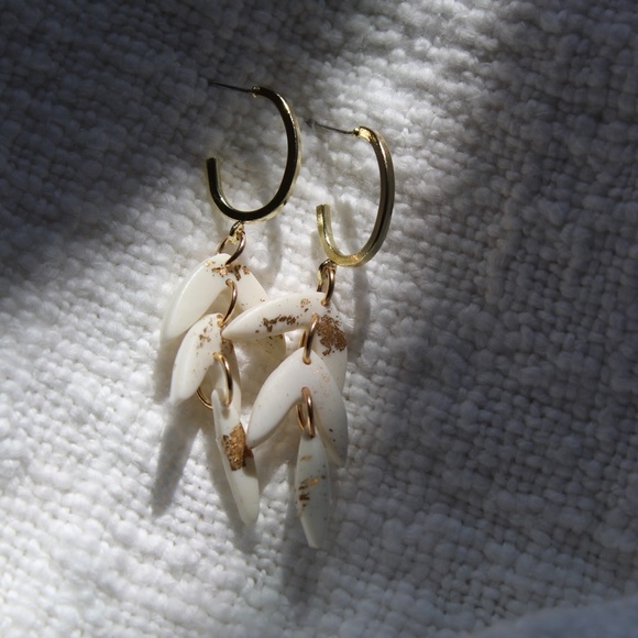 Sterling Silver Gold Hoops with Drop White Leaves & Gold Flakes - Picture 3 of 5